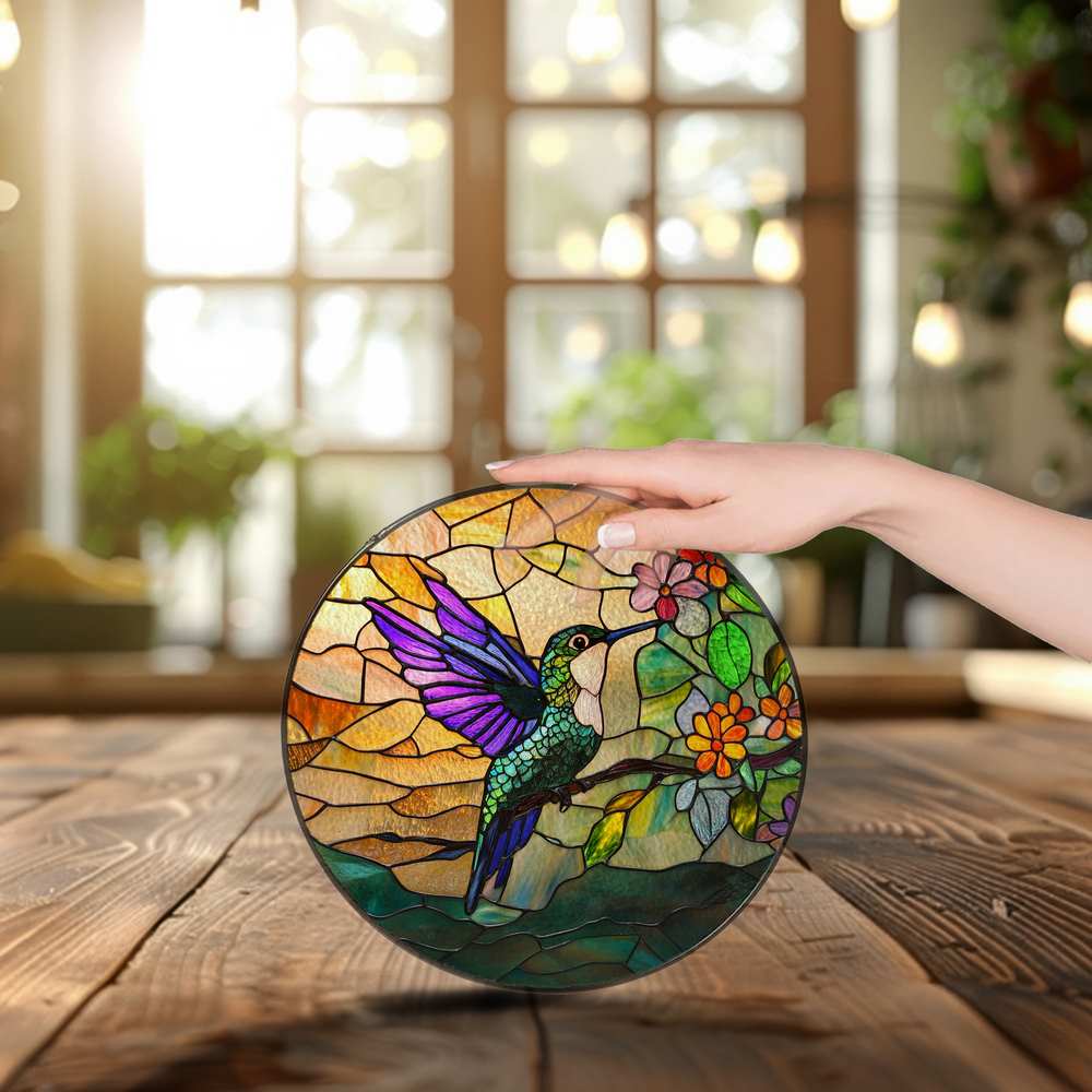 Personalized Hummingbird stained-glass-inspired suncatcher by Foswick