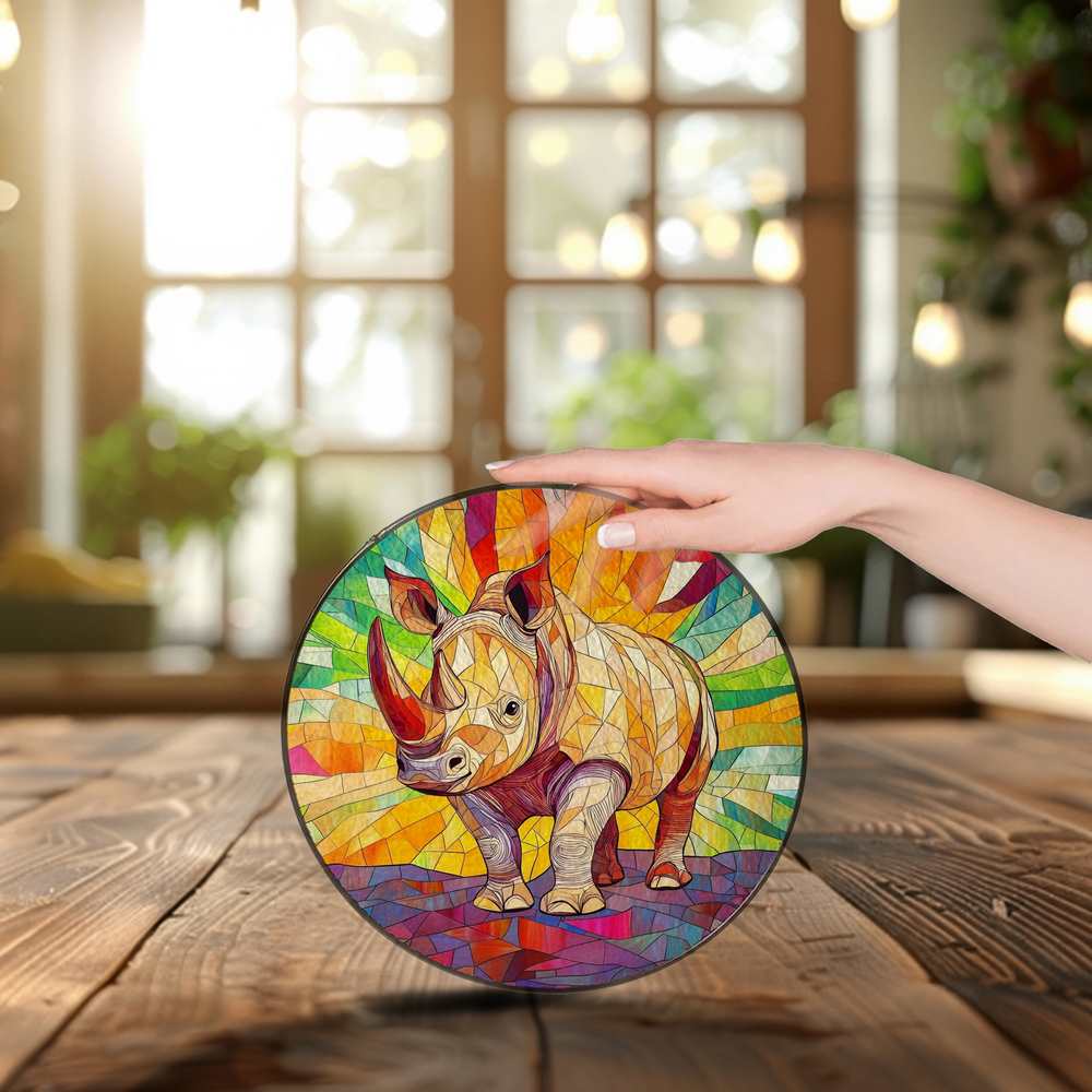 Personalized Rhino stained-glass-inspired suncatcher by Foswick