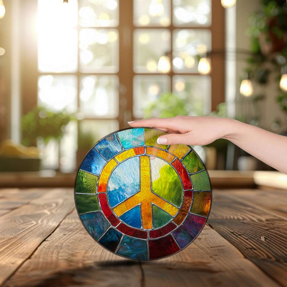 Personalized Peace Symbol stained-glass-inspired suncatcher by Foswick