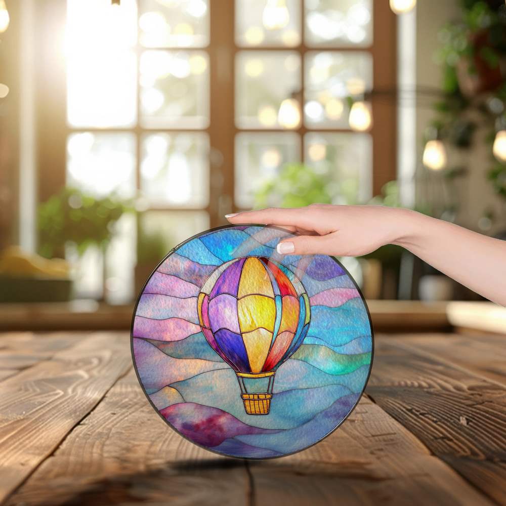 Personalized Rainbow Hot Air Balloon stained-glass-inspired suncatcher by Foswick