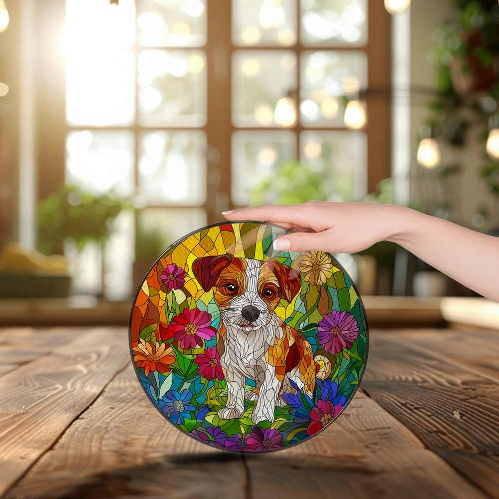 Personalized Jack Russell Dog stained-glass-inspired suncatcher by Foswick
