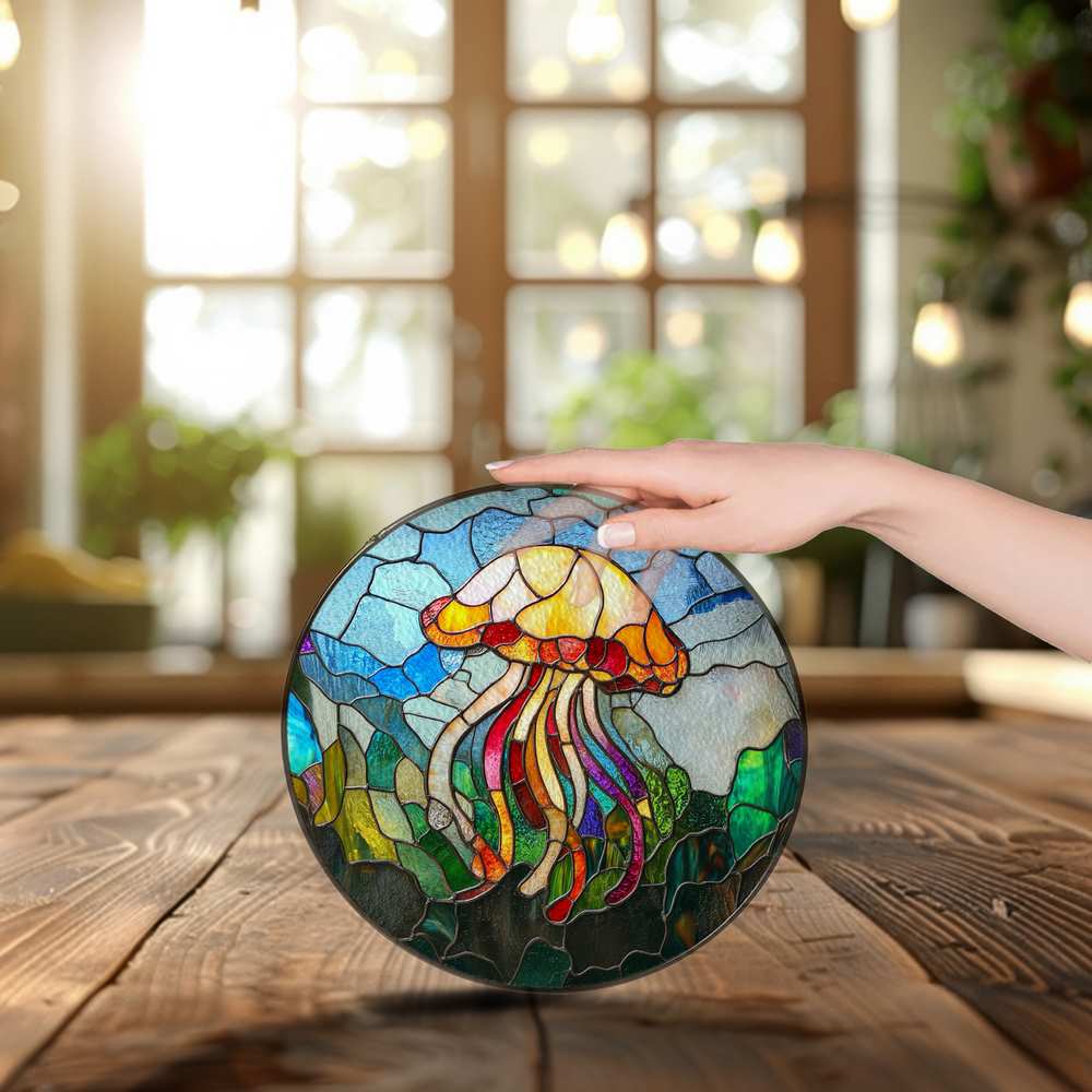 Personalized Jellyfish stained-glass-inspired suncatcher by Foswick