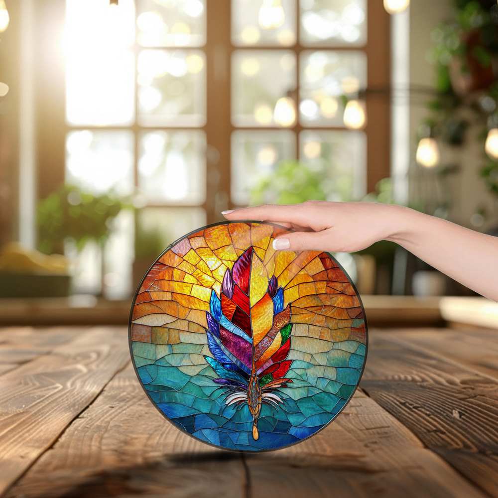 Personalized Native American Feather stained-glass-inspired suncatcher by Foswick
