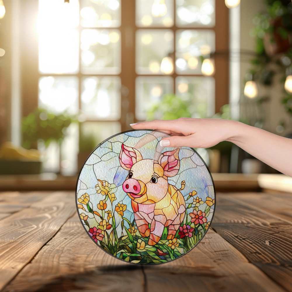Personalized Pig stained-glass-inspired suncatcher by Foswick
