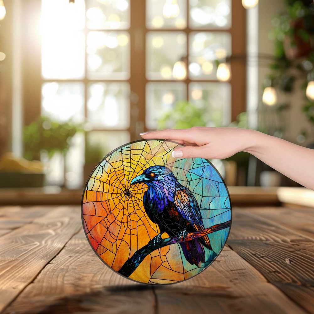Personalized Raven And Spider Web stained-glass-inspired suncatcher by Foswick