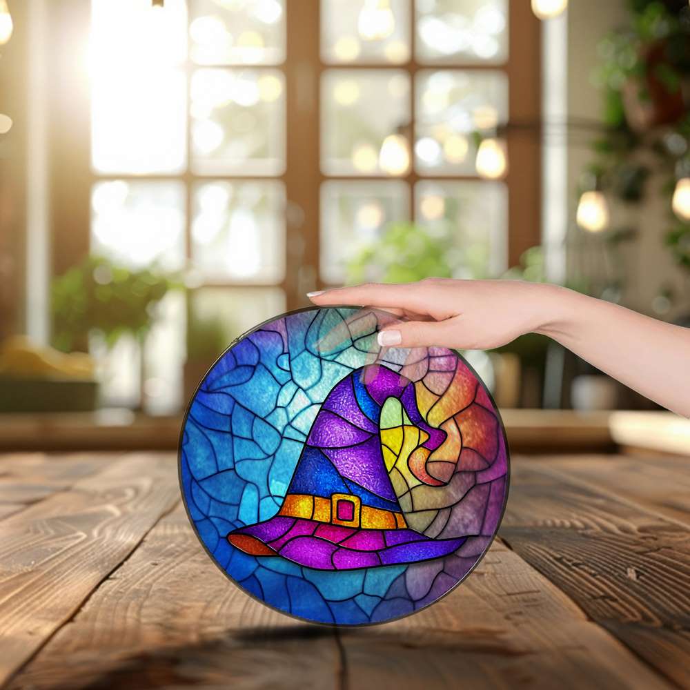 Personalized Witch Hat stained-glass-inspired suncatcher by Foswick