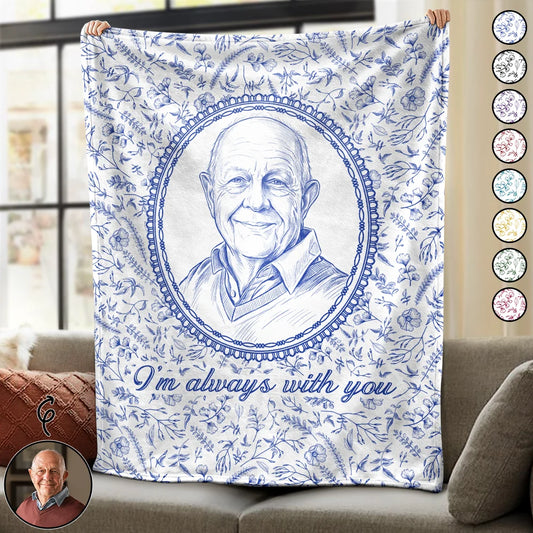 Personalized memorial fleece blanket with a blue sketch portrait of an older man in a floral frame