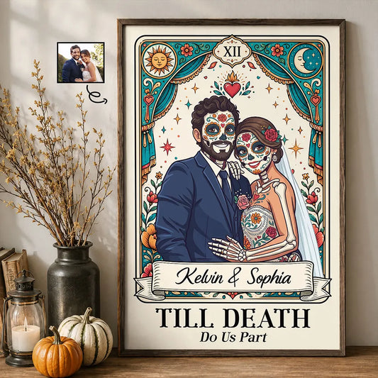 Personalized sugar skull tarot card couple print with names and Till Death Do Us Part