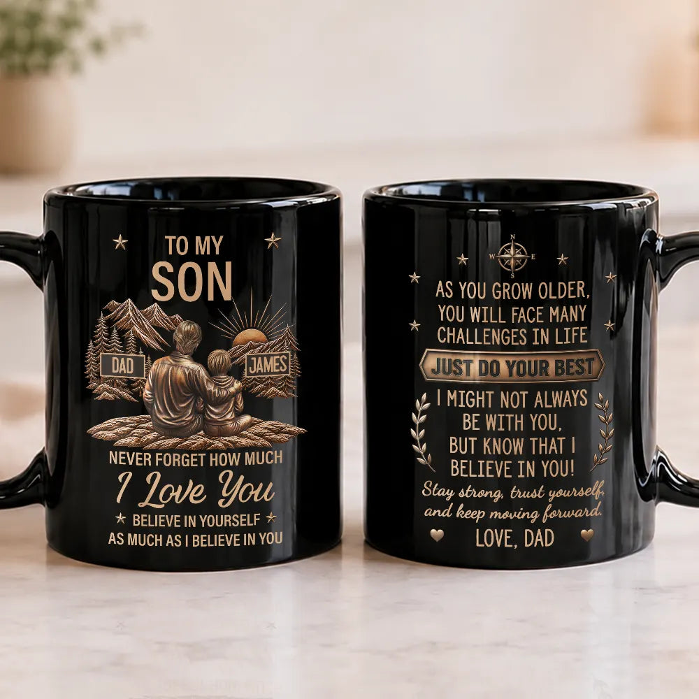 Personalized To My Son mug with a gold father and son illustration and a letter from Dad