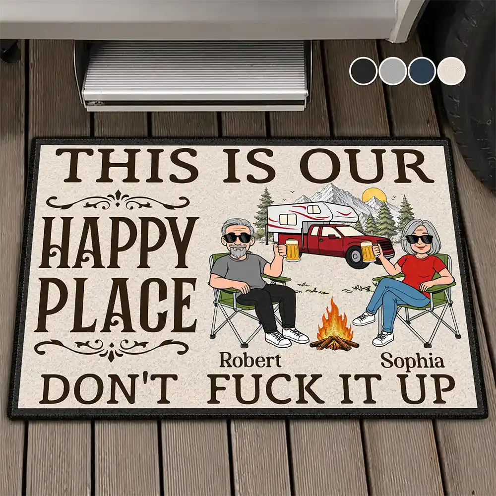 Personalized This Is Our Happy Place camping doormat with a cartoon couple by a campfire