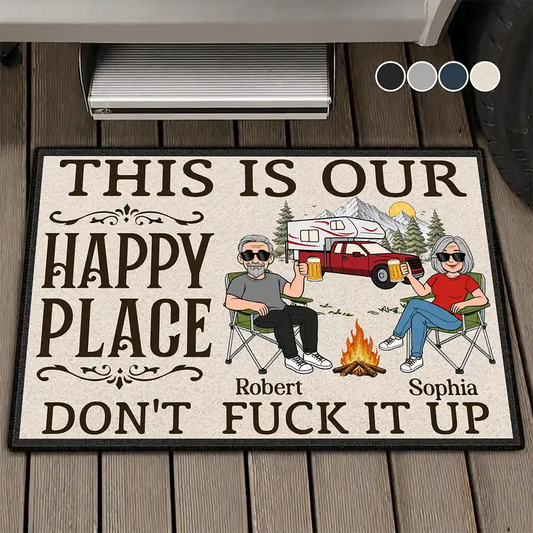 Personalized This Is Our Happy Place camping doormat with a cartoon couple by a campfire