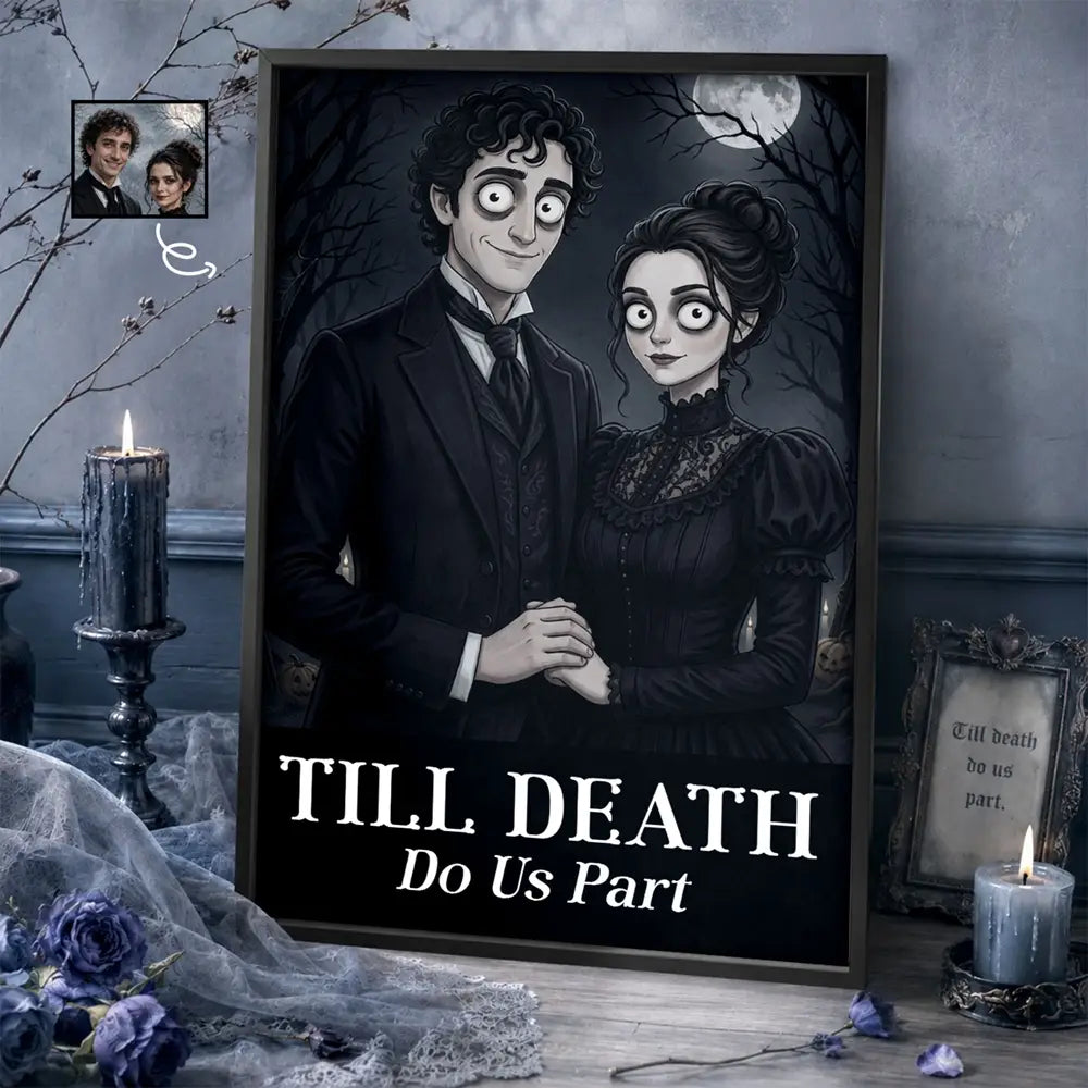 Personalized Till Death Do Us Part gothic cartoon couple print under a full moon