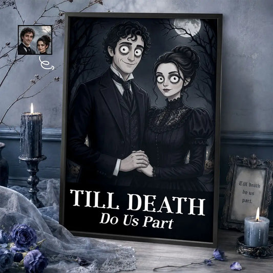 Personalized Till Death Do Us Part gothic cartoon couple print under a full moon
