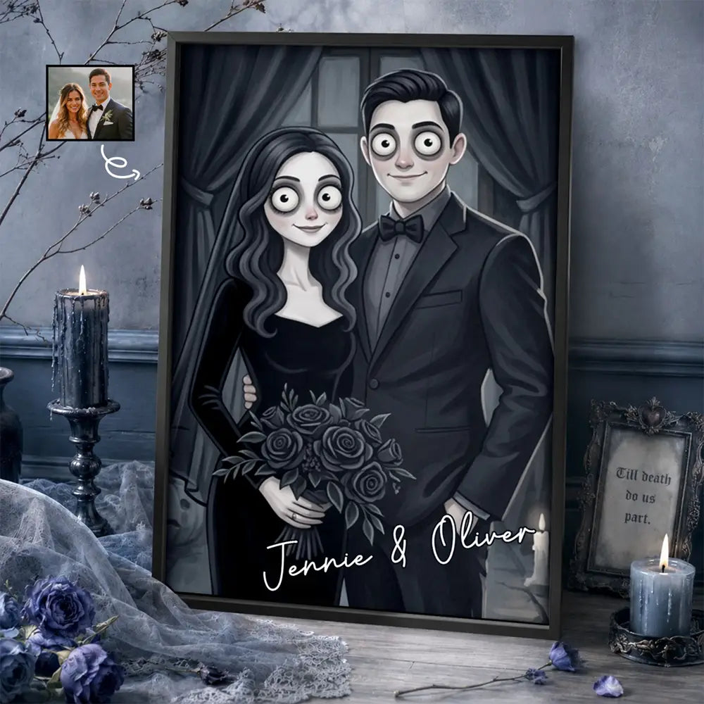 Personalized gothic cartoon bride and groom portrait print with names