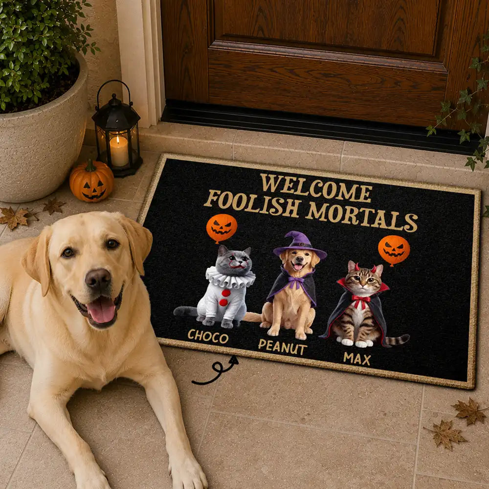Personalized Welcome Foolish Mortals Halloween doormat with two cats and a dog in costumes